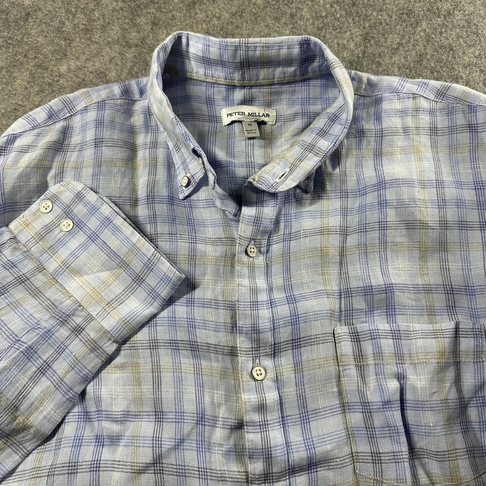 Peter Millar Button Down Shirt Mens Medium Blue Plaid 100% Linen Long Sleeve